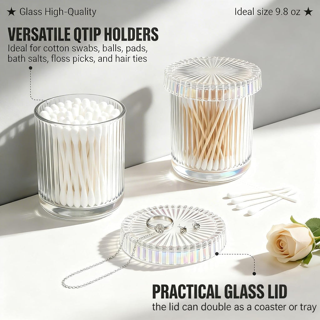 2‑Pack Clear Opalescent Glass Qtip Holder, Vanity & Bathroom Storage