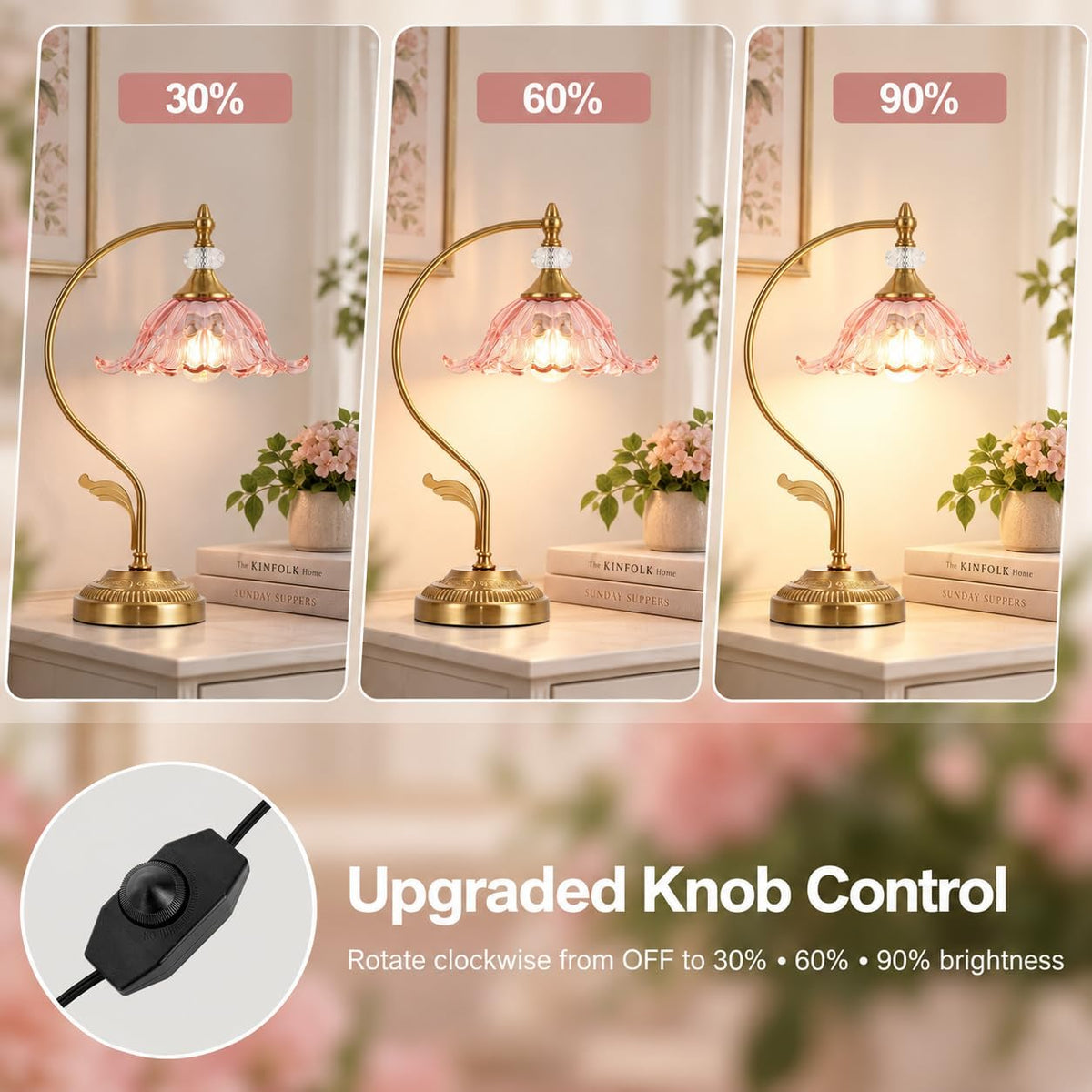 Vintage Floral Table Lamp, Plug in Mid-Century Modern Desk Lamp with Pink Glass Shade, Gold Bedside Table Lamp Dimmable for Bedroom Living Room Home Office