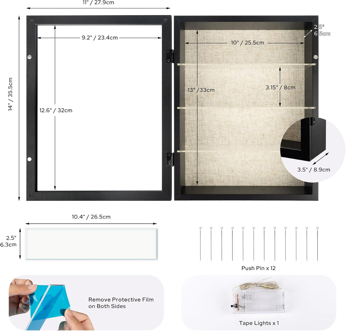 11x14 Shadow Box Display Cases with 3 Removable Clear Shelves, Black