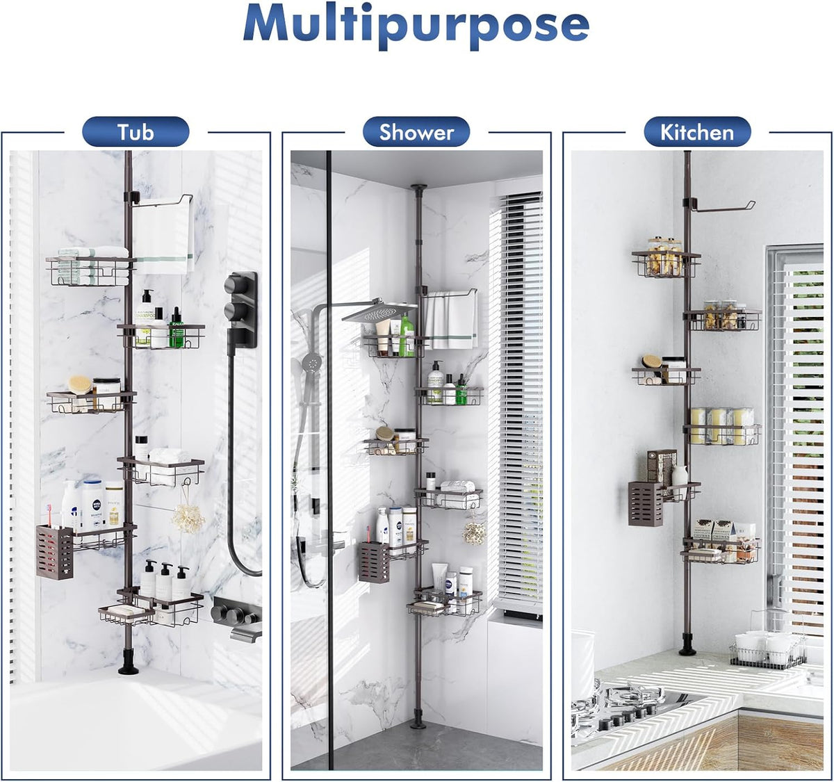Corner Shower Caddy Tension Pole, Bathroom Organizer and Storage for Shower