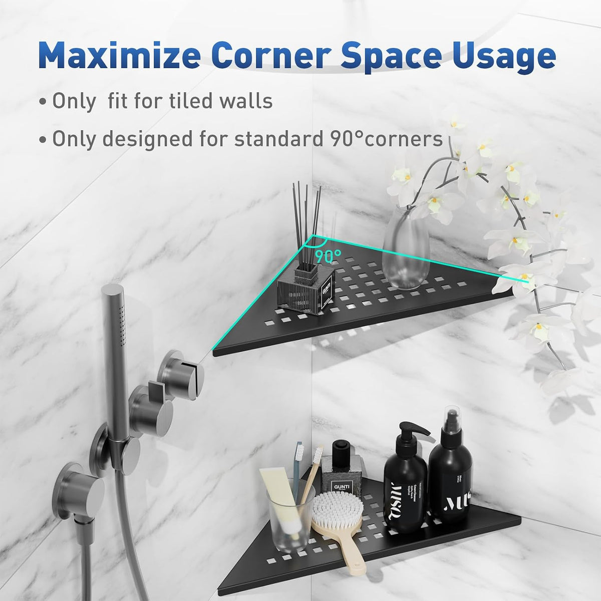 lives Shower Corner Shelf 2 Pack, 10-Inch 304 Stainless Steel, Black Square