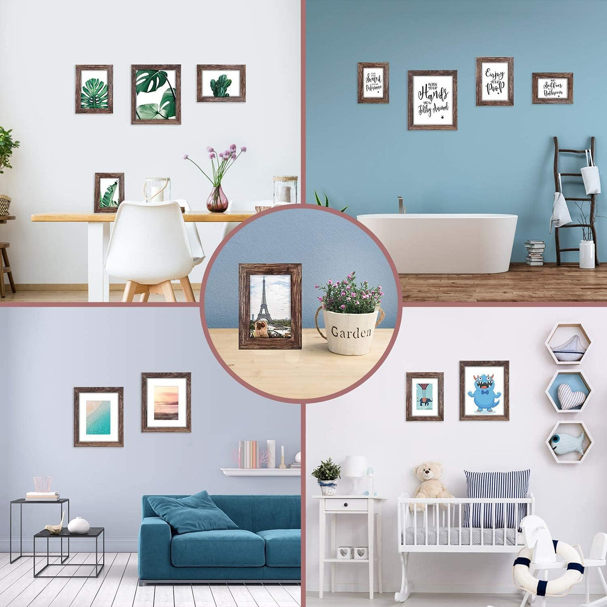 Q.Hou 5x7 Picture Frame Wood Pattern Rustic Brown Photo Frames Packs 4 with High Definition Plexiglass for Tabletop or Wall Decor (QH-PF5X7-BR)