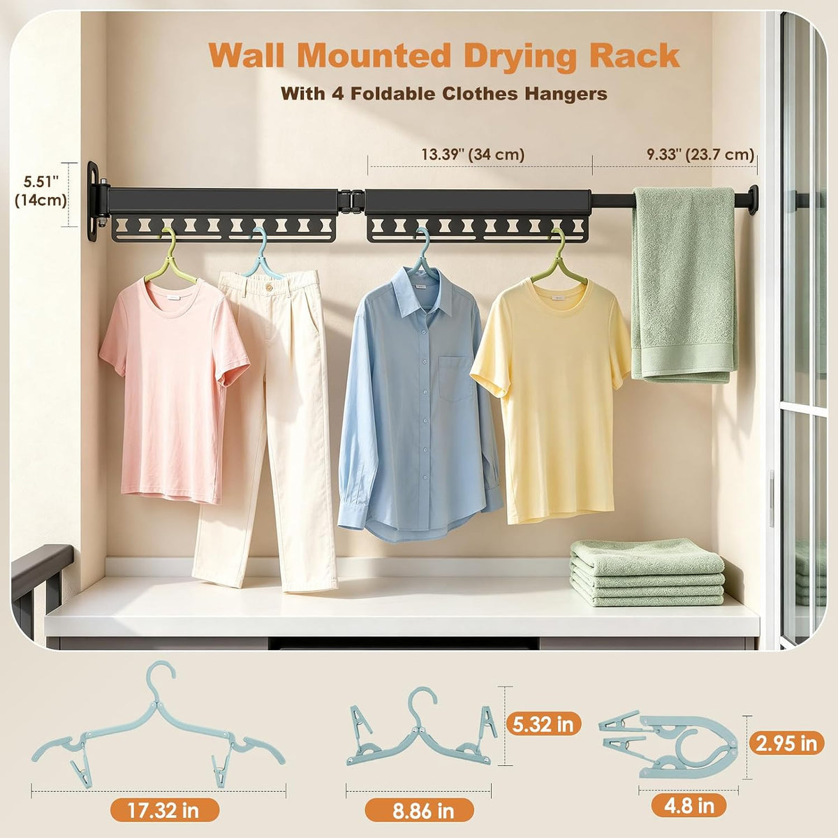 Wall Mounted Clothes Drying Rack Foldable & Space-Saving with 4 Hangers