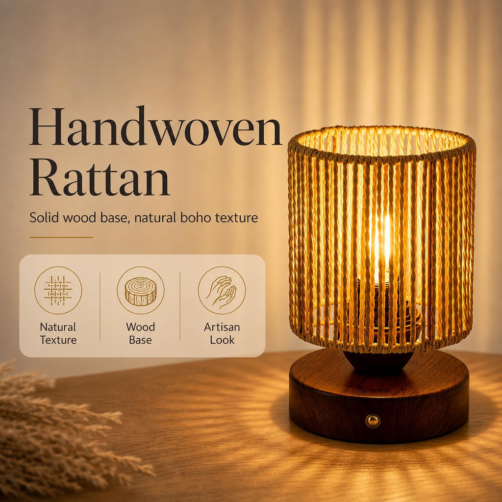 Cordless Rattan Table Lamp, 5000mAh Rechargeable Battery Operated Bedside Lamp with Edison Bulb, Stepless Dimmable Boho Cylinder Desk Light for Bedroom Living Room