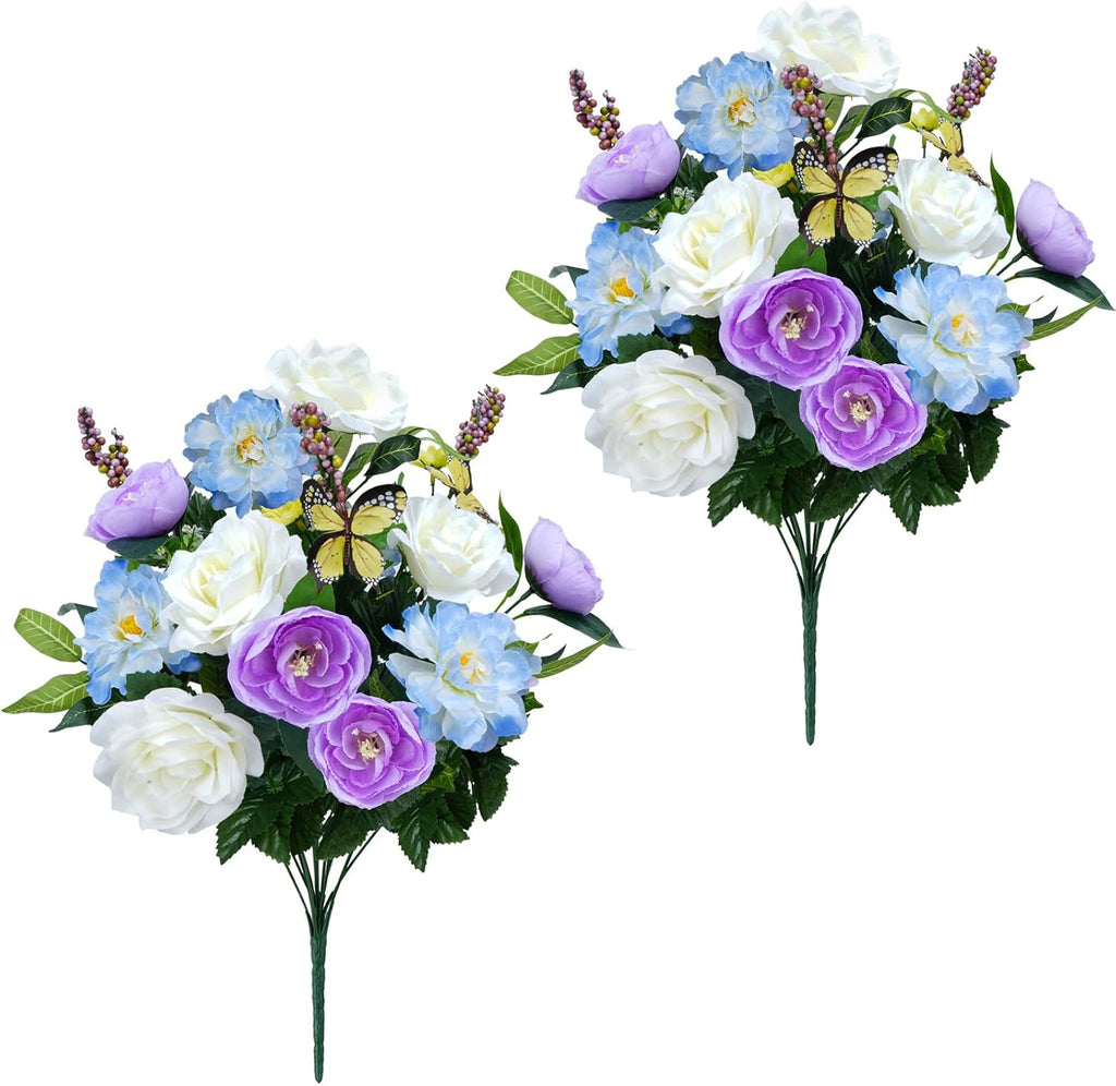 2Pcs Spring Cemetery Flowers for Grave, Artificial Rose, Purple, 17.7in
