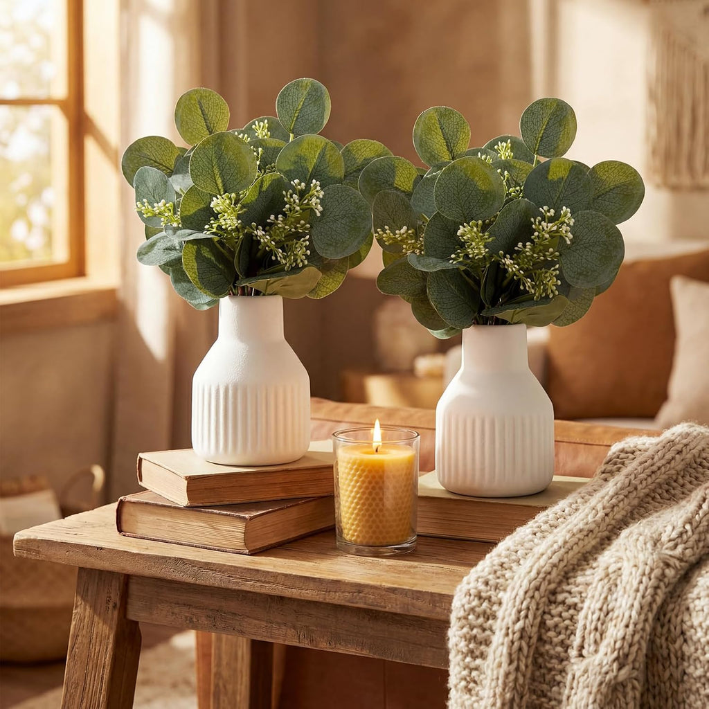 LemonRoad 2 Pack Artificial Eucalyptus Stem in Small Ceramic Vase 13" Fake Greenery Plants for Home Decor 20 Pcs Modern Indoor Fake Eucalyptus Stem for Table Centerpiece Living Room Bathroom