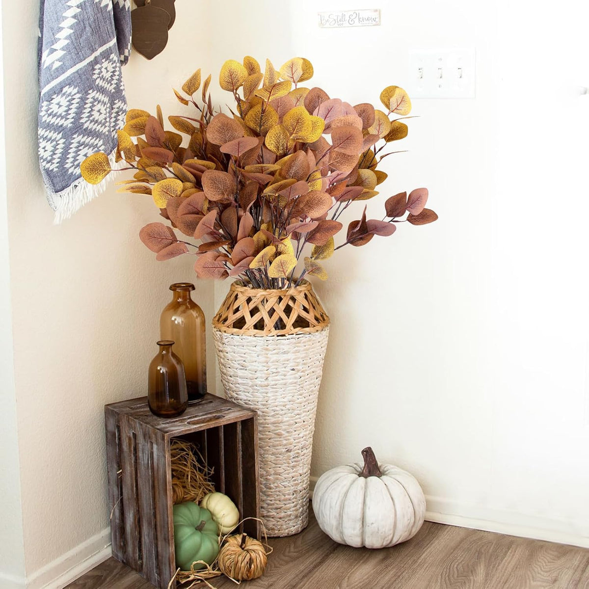 6 Pcs Fall Artificial Eucalyptus Stems Fall Decorations with Eucalyptus Leaf Branches for Indoor Home Autumn Festival Thanksgiving Decor(Mixed Dark Brown and Light Brown)