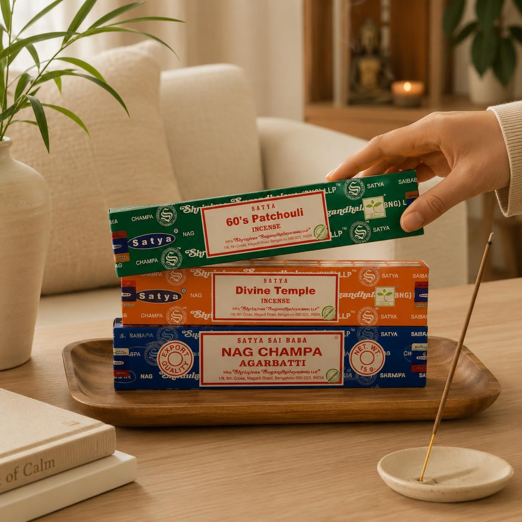 Satya Holistic Mix Incense Sticks 3-Pack Assortment | Slow-Burning, Long-Lasting Nag Champa, 60's Patchouli & Divine Temple (15g Each)