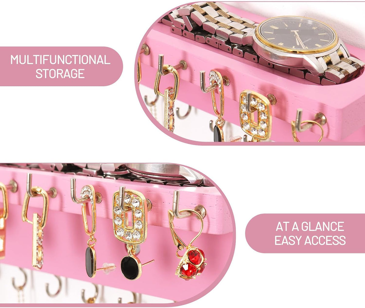 Necklace Holder Wall Mount,Jewelry Organizer with 30 Hooks,Pink