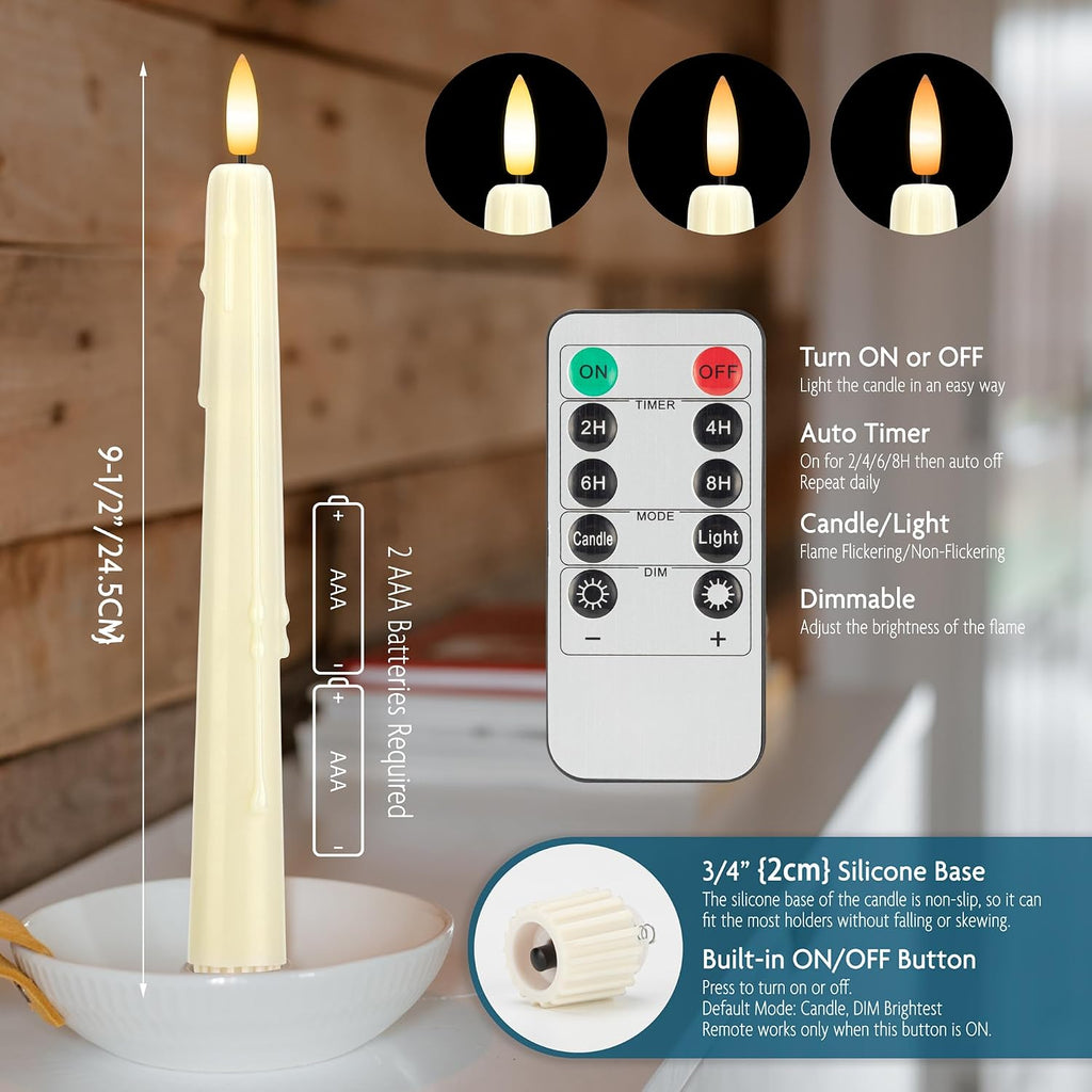 Dripless Flameless Taper Candles with Remote, Real Wax Battery Operated LED Candles Set with 3D Flickering Flame, 9.6" Realistic Dripless Candlesticks for Wedding Home Decor, 3 Pack Ivory