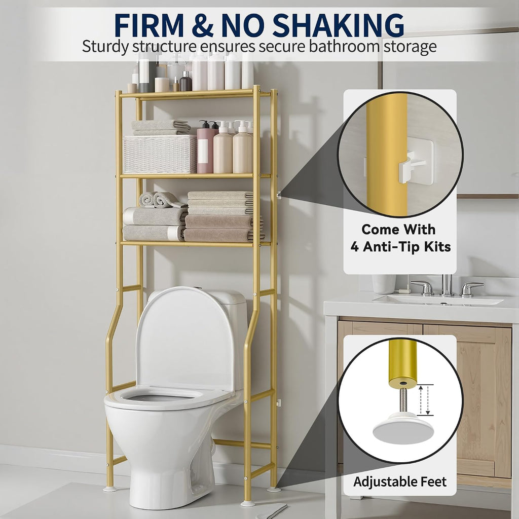 GloTika 3-Tier Over Toilet Storage, Anti-Wobble, Gold
