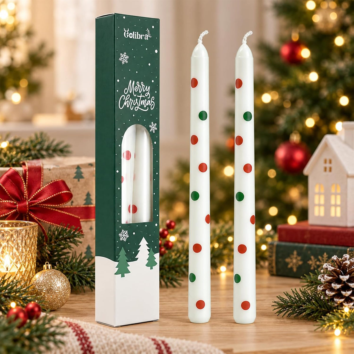 2 PCS Christmas Taper Candles, 10 Inch Unscented Candle Sticks