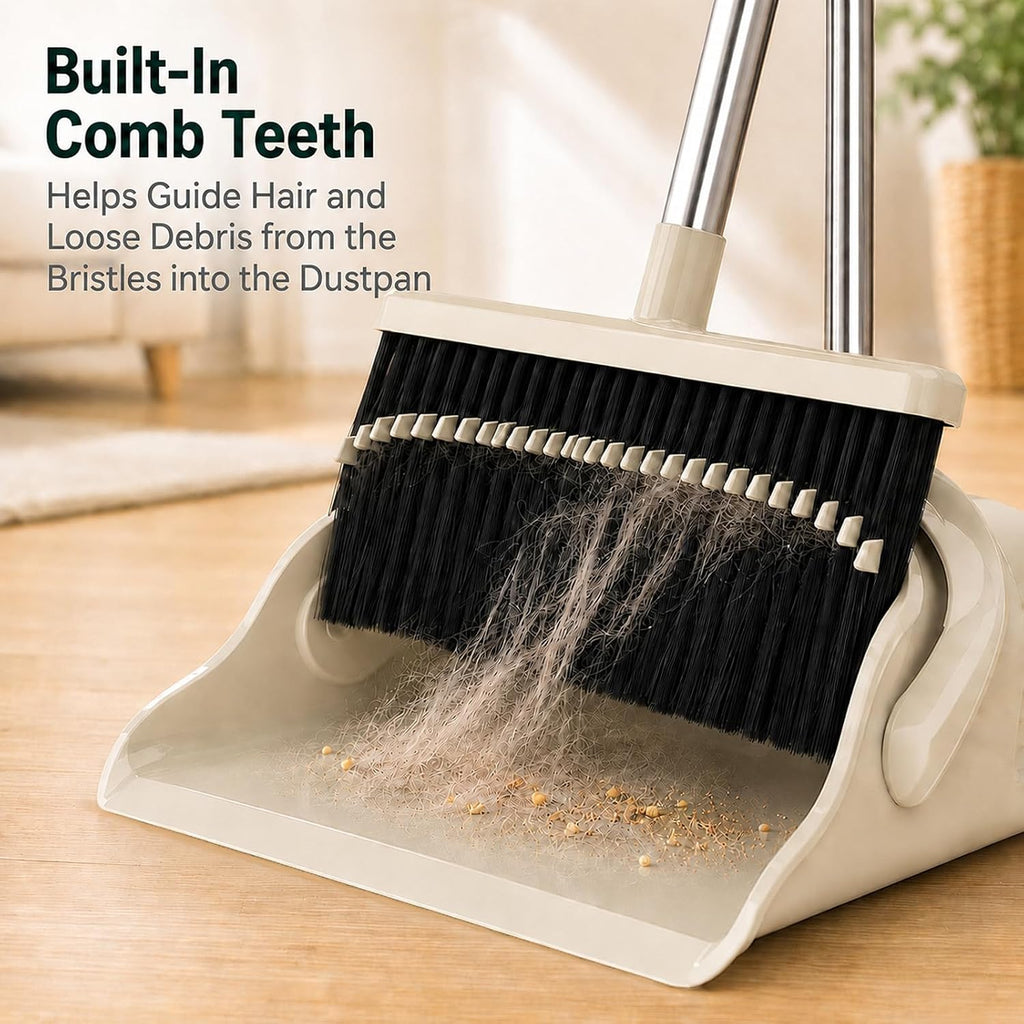 Broom and Dustpan Set, 52-Inch Adjustable Long Handle with Self-Cleaning Comb Teeth, Flexible TPR Lip and Foot-Assisted Fold-Up Dustpan for Home, Kitchen, Office and Apartment, Gray Yellow