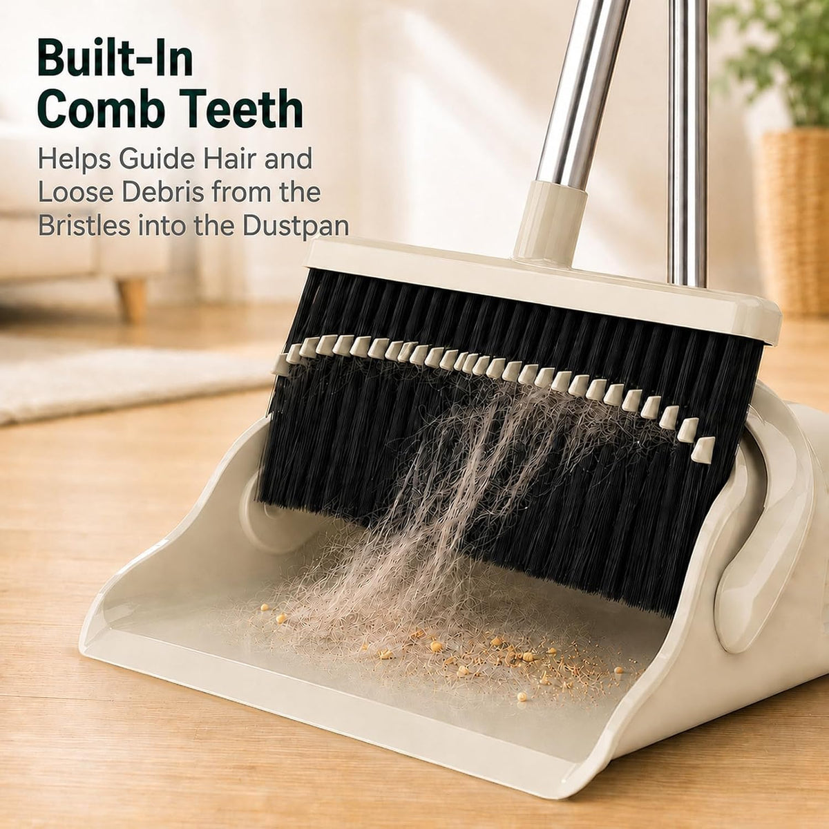 Broom and Dustpan Set, 52-Inch Adjustable Long Handle with Self-Cleaning Comb Teeth, Flexible TPR Lip and Foot-Assisted Fold-Up Dustpan for Home, Kitchen, Office and Apartment, Gray Yellow