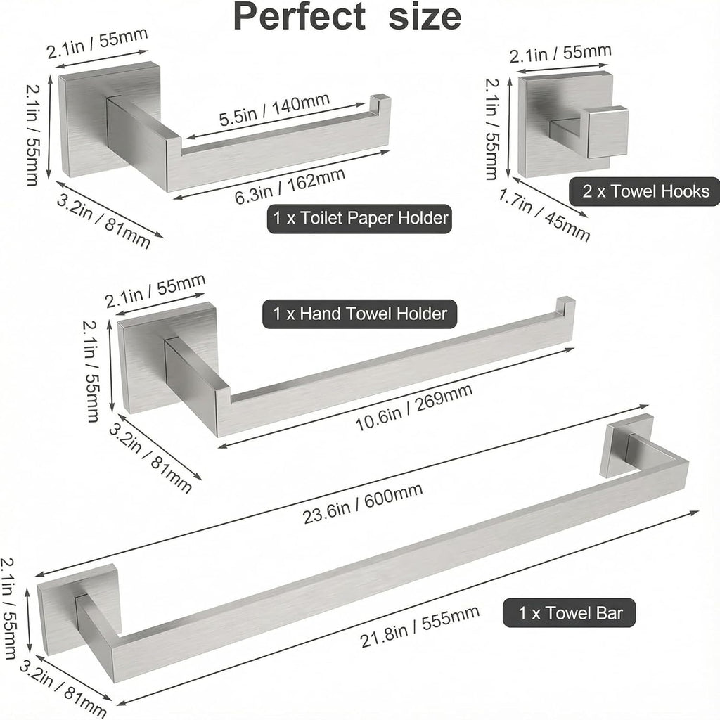 5-Piece Bathroom Hardware Set, 23.6 in Towel Bar, Brushed Nickel
