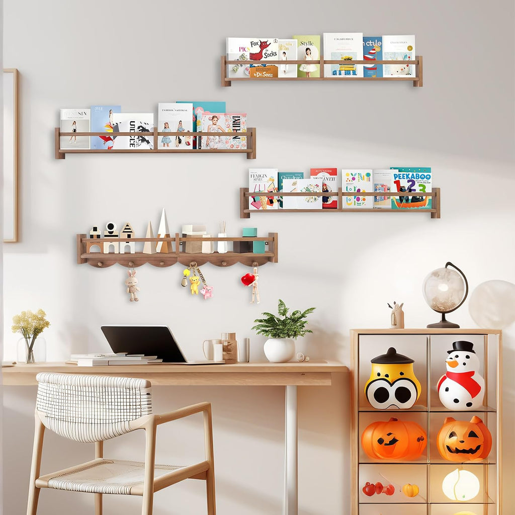 34Inch Nursery Book Shelves Wall Mounted, Floating Book Shelf for Kids Coat Rack with 6 Hooks, Wall Hanging Shelf for Baby Nursery Room Organizer ，Patent Number:US-D1058229-S(4, Light Brown)