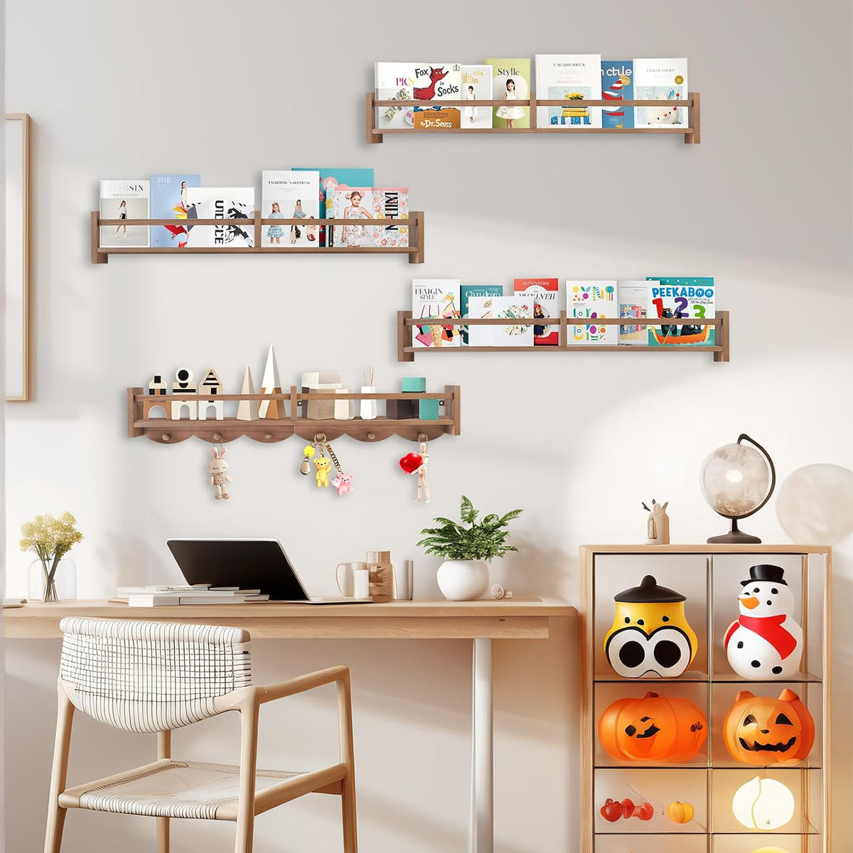 34Inch Nursery Book Shelves Wall Mounted, Floating Book Shelf for Kids Coat Rack with 6 Hooks, Wall Hanging Shelf for Baby Nursery Room Organizer ，Patent Number:US-D1058229-S(4, Light Brown)