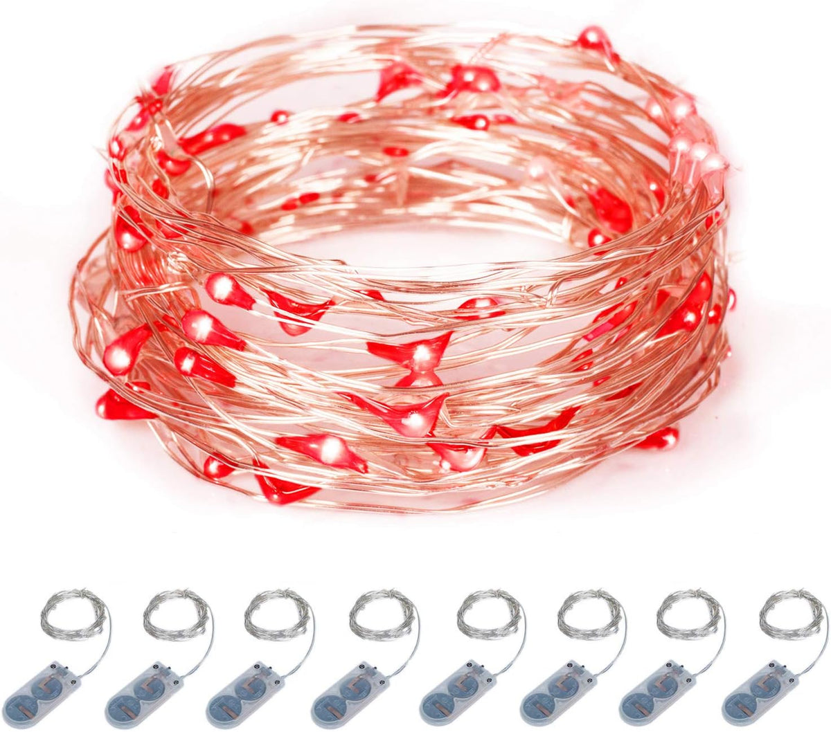 ITART Micro LED String Lights Battery Powered 8 Pack Red Mini Fairy Light 20 LED 6ft Ultra Thin Silver Wire Rope Lights for Craft DIY 4th of July Clothes Costume Wreath Display