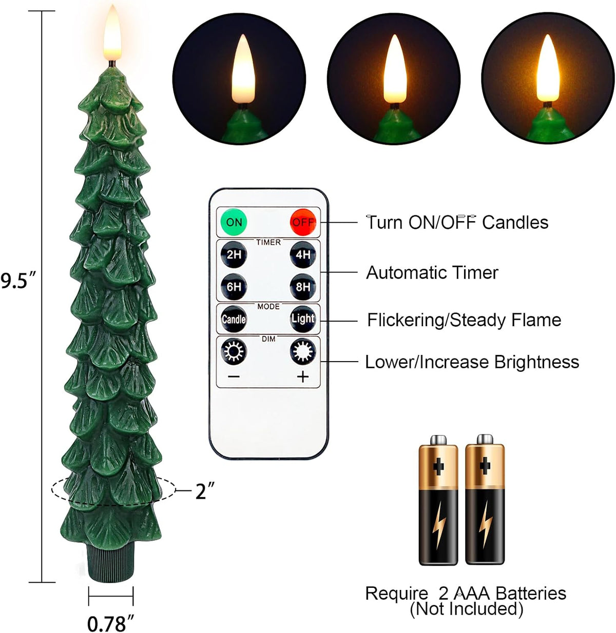 Christmas Tree Candles with Remote Timer, 2 Pack Flameless LED Taper Candles Battery Operated, 3D Flame Flickering, Green Waxy Christmas Candlesticks for Home Fireplace Decor, 0.78" x 9.5"