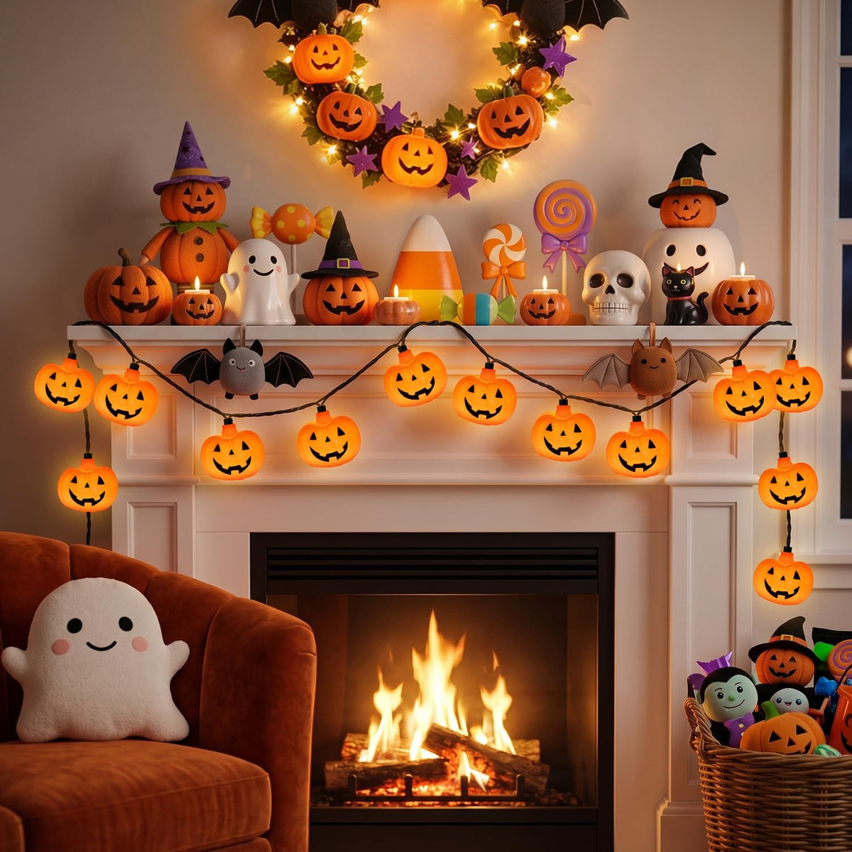 12Ft Halloween String Lights Plug in with 20 LED Pumpkin Lantern Lights, Novelty Jack O Lantern Lights LED Pumpkin Lights String Waterproof for Home Yard Party Indoor Outdoor Halloween Decor, 0.07W