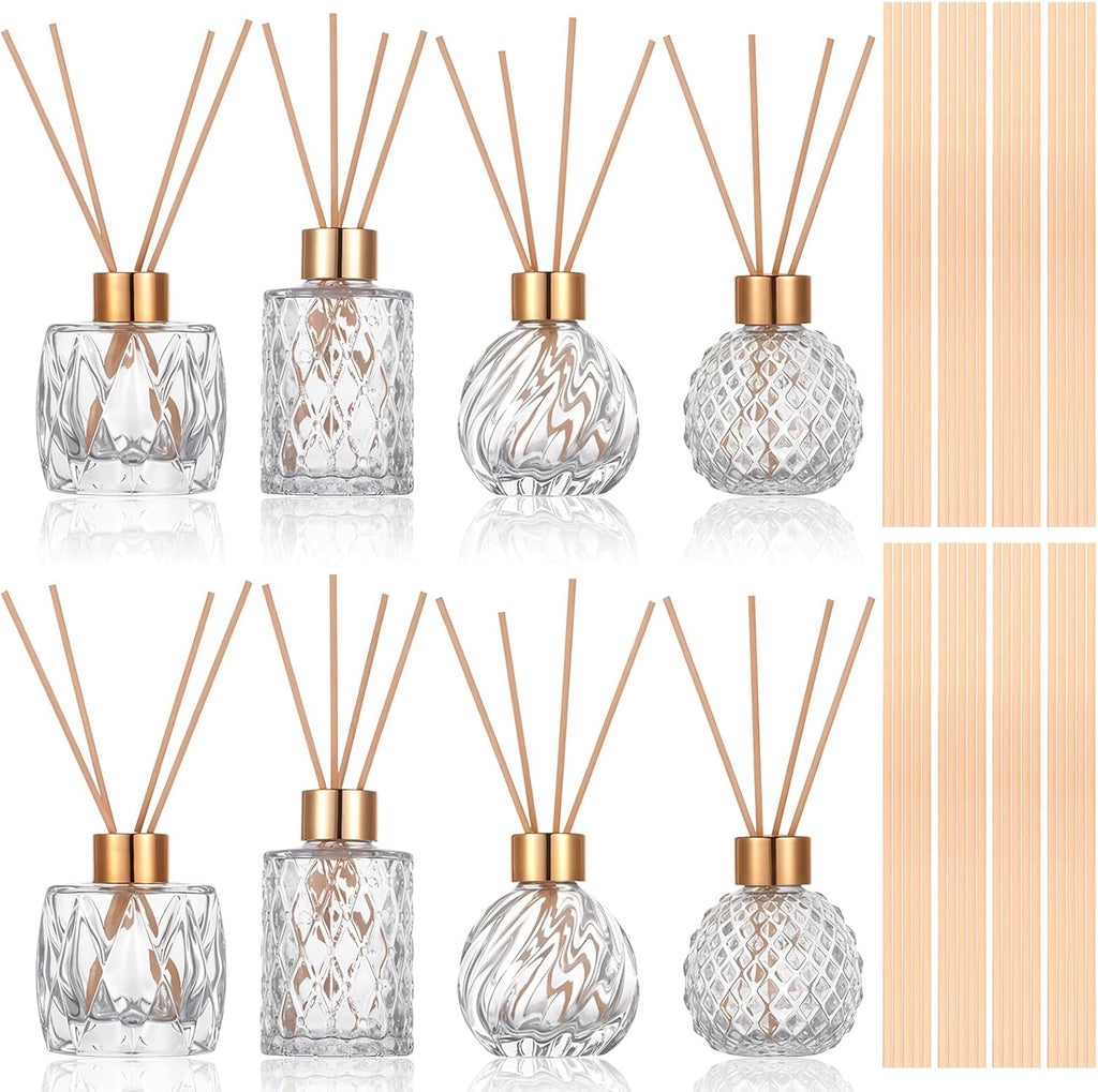 8 Pcs Bathroom Reed Diffuser Sets with 40 Natural Sticks, 3.4oz Empty Glass Bottles & Gold Caps, Bathroom Diffuser with Sticks for Home Office Aromatherapy Decor
