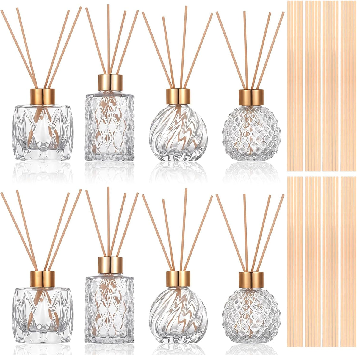 8 Pcs Bathroom Reed Diffuser Sets with 40 Natural Sticks, 3.4oz Empty Glass Bottles & Gold Caps, Bathroom Diffuser with Sticks for Home Office Aromatherapy Decor