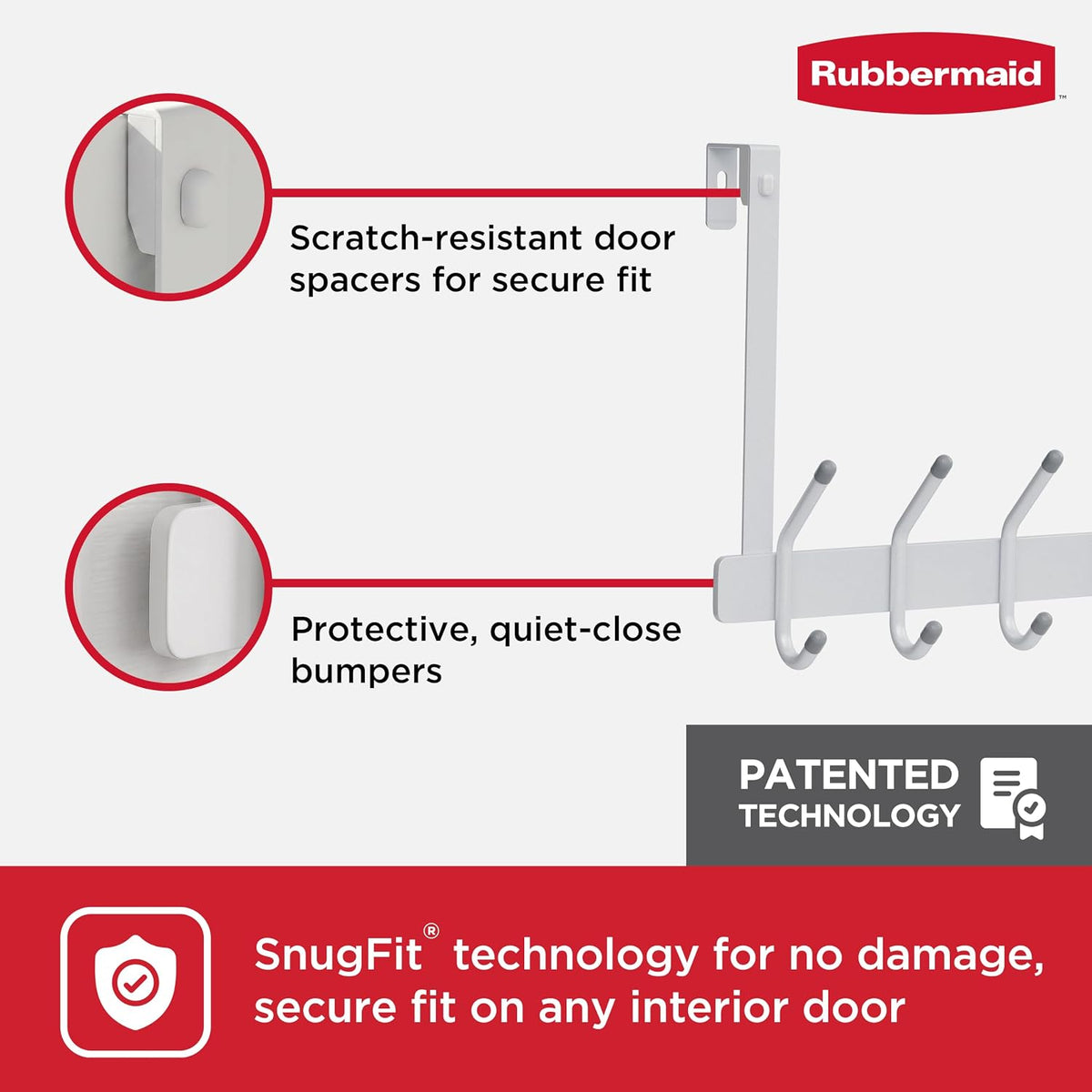 Rubbermaid Over the Door Hook Rack with 5 Double Hooks, No Drill Needed, for Towels, Robes, Hanging Accessories in Bathroom, Bedroom, Closet, Dorm, White