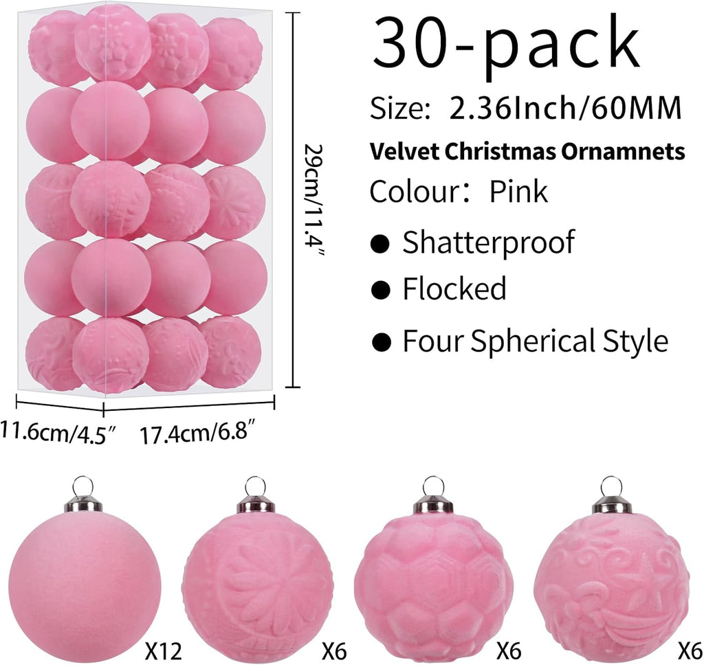 30PCS Pink Velvet Christmas Ball Ornaments for Xmas Tree Decorations
