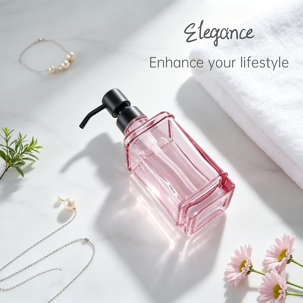 Soap Dispenser，10 Oz Antique Design Thick Glass Hand Soap Dispensers; with 304 Rust Proof Stainless Steel Pump, 6Pcs Stickers, for Kitchen,Bathroom, Pink+Oil Rubbed Bronze