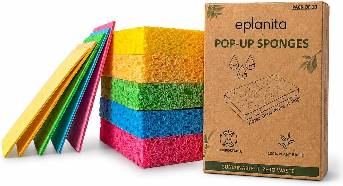 EPLANITA Pop-Up Sponges (10 Pack) Natural Cellulose, Scratch-Free Cleaning for Kitchen & Bathroom, Washing Up, Eco Scrub, DIY Crafts