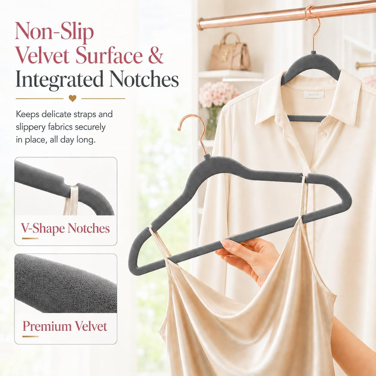Smartor Grey Velvet Hangers 50 Pack, Non Slip Rose Gold Hook Felt Hangers