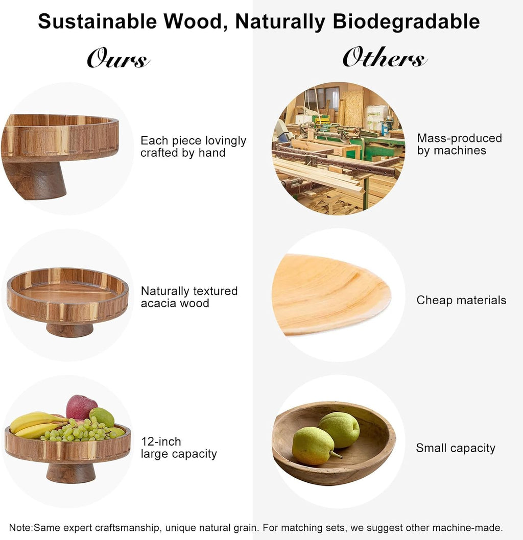 Wood Bowl, 12" Large Acacia Wooden Bowl for Friut, Bread, Keys, Dining Table Centerpiece, Home Decor (Wood)
