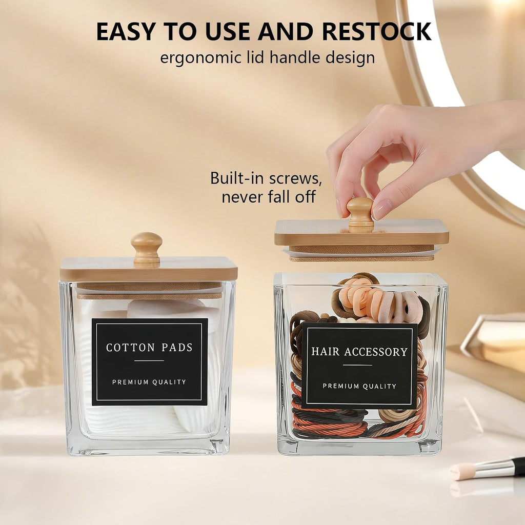 eggs sound 2 Pack Qtip Holder Dispenser for Bathroom, Thick Glass Apothecary Jars, Bathroom Organizer Containers for Cotton Balls, Swabs, Pads, Floss Picks, Canisters with Bamboo Lids