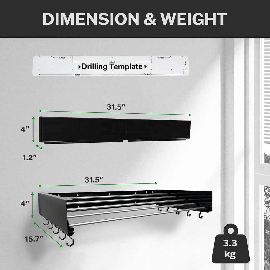 Foldable Wall Mounted Drying Rack - 31.5” Wide, 13.2 Ft Drying Space, 5 Rust-Resistant Rods, Supports Up to 60 lbs - Retractable & Foldable Space-Saving Wall Mounted Clothes Drying Rack (Black)