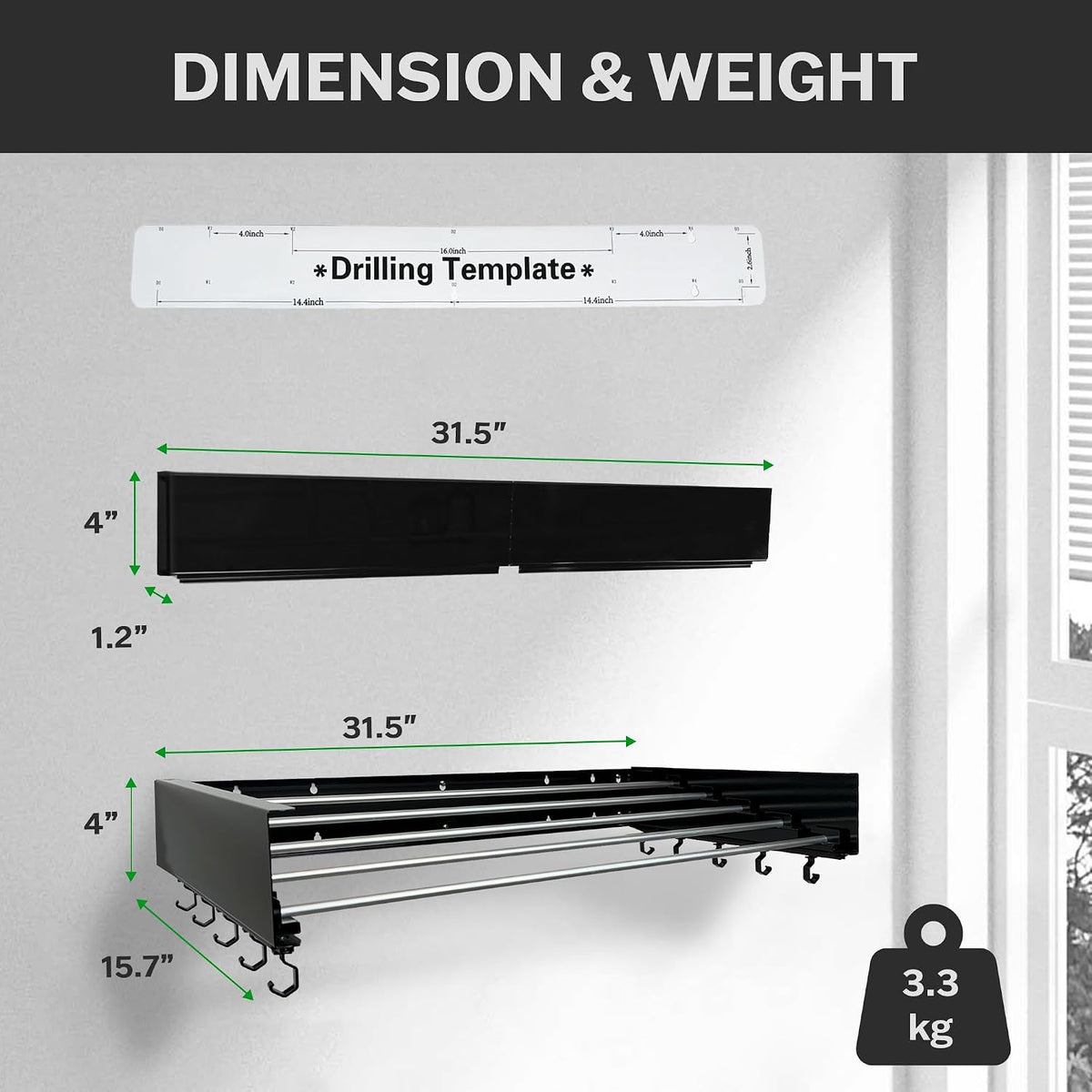 Foldable Wall Mounted Drying Rack - 31.5” Wide, 13.2 Ft Drying Space, 5 Rust-Resistant Rods, Supports Up to 60 lbs - Retractable & Foldable Space-Saving Wall Mounted Clothes Drying Rack (Black)