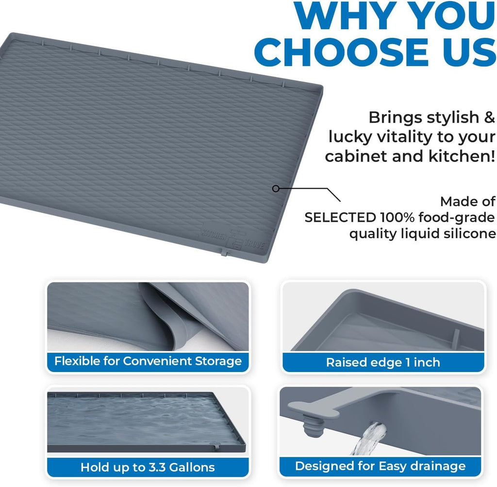 Heavy Duty Under Sink Mat for Kitchen Waterproof 34" x 22" | Extra Thick 1000g Silicone Under Sink Tray with Raised Edges for Kitchen & Bathroom Cabinet Organizer and Sink Drip Tray