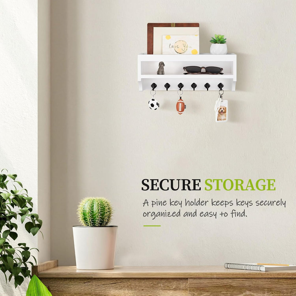 Nekon Key Holder Wall Mount, Pine Wooden Mail Organizer, White