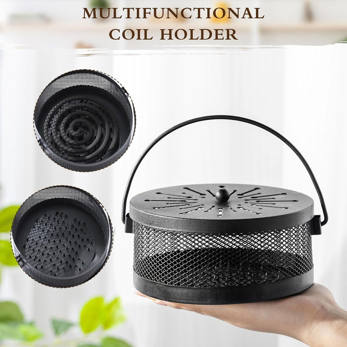 Lallisa 2 Pieces Mosquito Coil Holder Incense Coil Holder Round Retro Portable Metal Hanging Incense Burner Holders with Handle for Home Indoor Outdoor Camping Patio (Black)