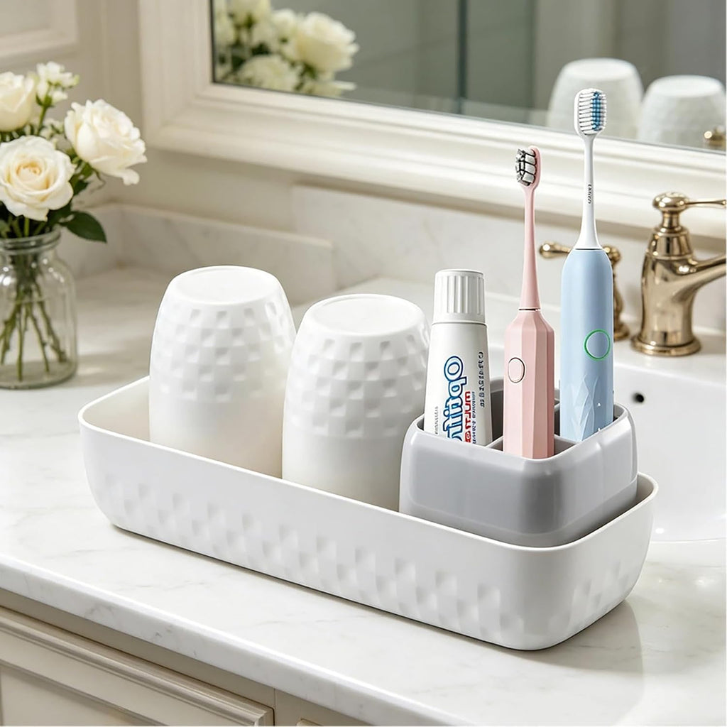 Toothbrush Holder with Cups, Electric Toothbrush and Toothpaste Organizer, Bathroom Accessories Set for Kids and Families, White & Grey