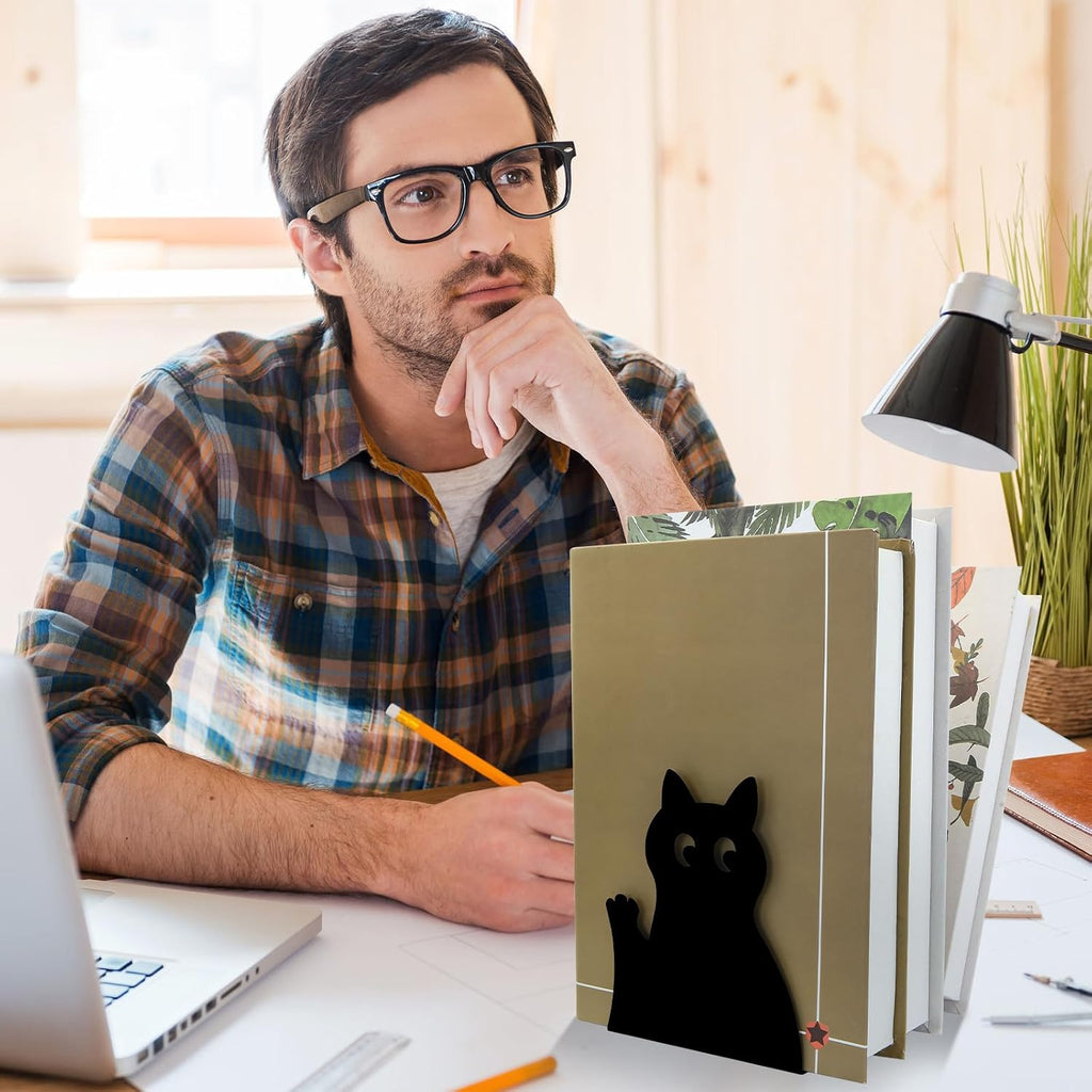 Cute Black Cat Bookends Metal Cat Book Ends Kids Bookends Office Journal Holder Library Decoration Bookshelf Book Organizer for Christmas Birthday Back to School Student Gift (Black Raise Hand)