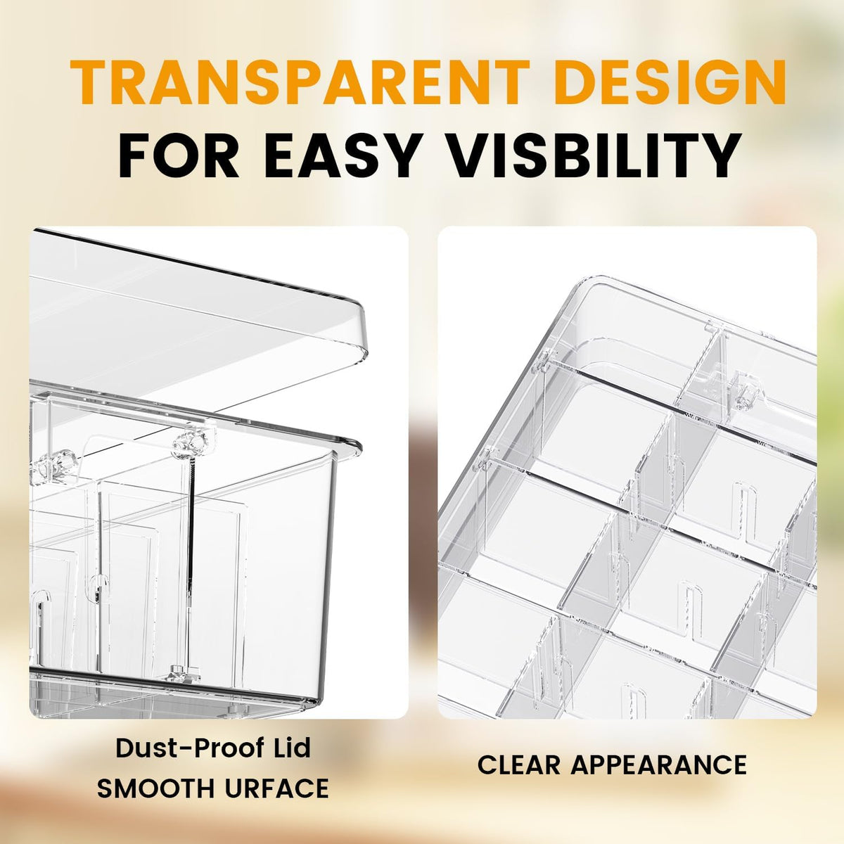 Socks Bra Underwear Drawer Organizer for Closet, 2 PCS Plastic Storage Box with 15 Removable Compartments and Lid, Clear Dresser Drawer Organizer Storage Container with Dividers for Sock Ties Belts