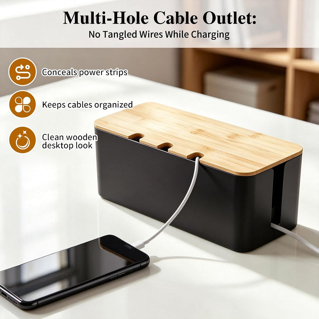 2 Pack Cable Management Box, Wooden Style Cord Organizer Box,Black
