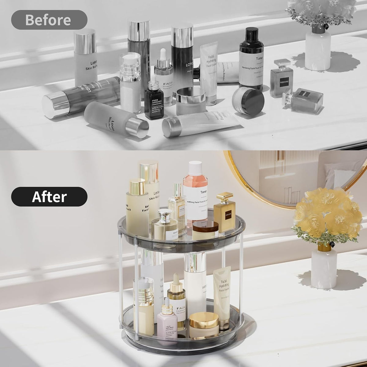 Rotating Makeup Organizer, Perfume Skincare Holder, 2 Tier 9 Inch, Gray