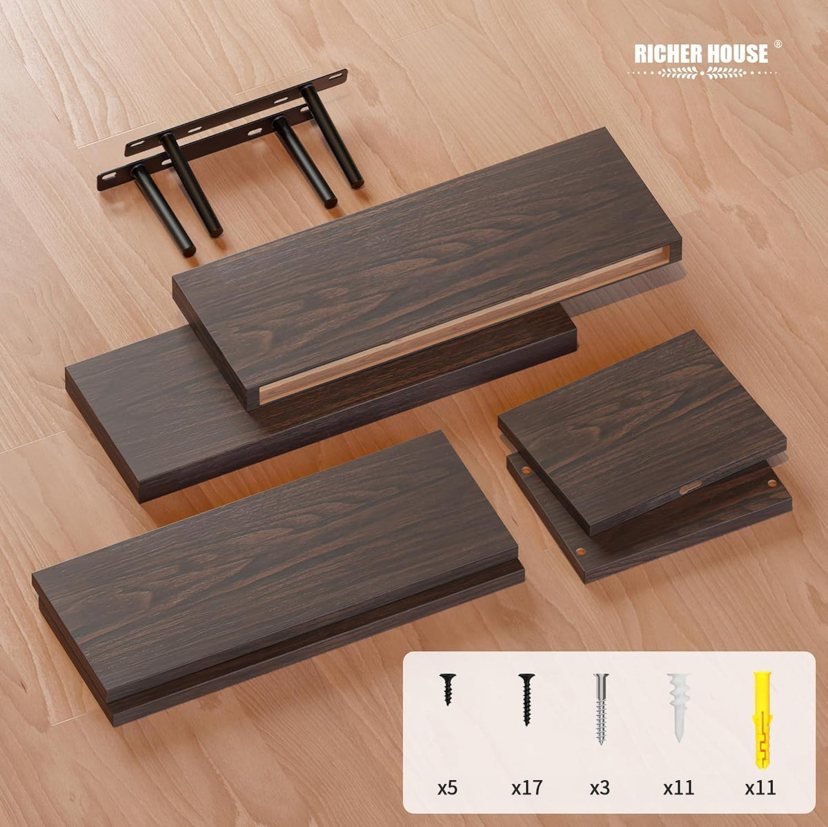 RICHER HOUSE 3-Set Walnut Floating Wall Shelves, Bathroom Shelf Over Toilet