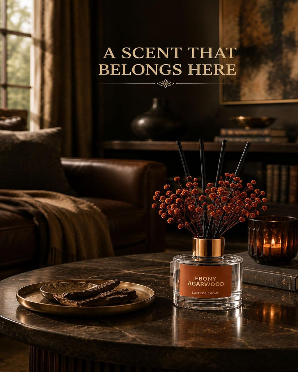 Reed Diffuser Set, Ebony Agarwood, 3.38 fl oz with 6 Sticks