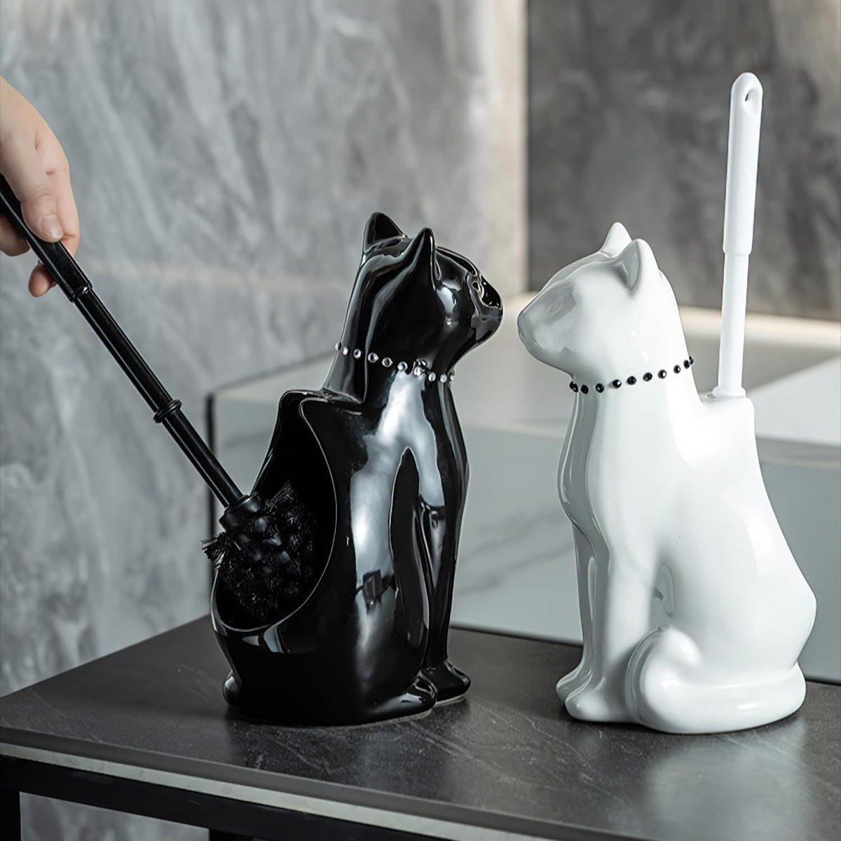 Cat Toilet Brush Holder - Ceramic Whimsical Feline Design with Wide-Mouth Storage, Black Toilet Bowl Brush and Holder Set Cute for Bathroom Ground, Easy-Clean Cat Lover Gift (White)