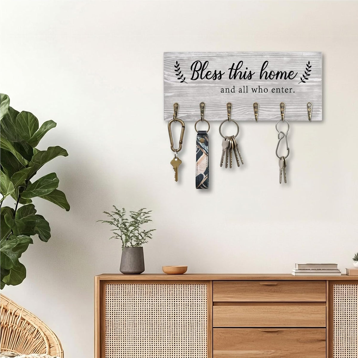 AHYS Key Holder Wall Mount with Words “Bless This Home”, Rustic Wooden Key Hanger with 6 Hooks for Farmhouse Home Entryway Living Room Decor - Light Grey