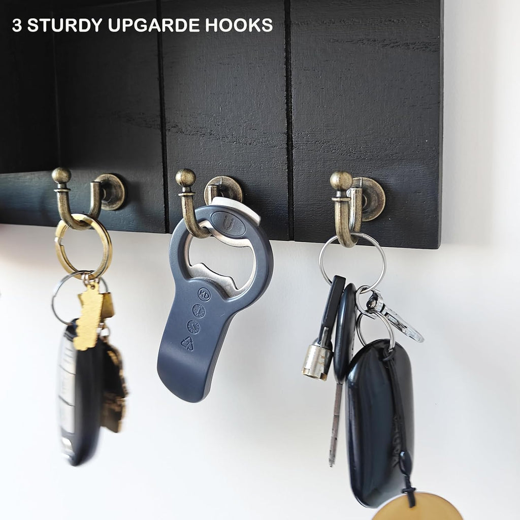 Rustic Wall Key Holder with Shelf & Hooks - Mail Organizer for Entryway | Wooden Key Rack for Keys, Coats, Dog Leash-Black