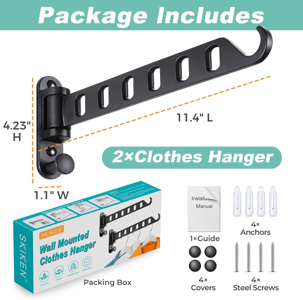 Laundry Drying Rack - Wall Mounted Clothes Hanger with Swing Arm, 6-Hole Laundry Hanger & Swivel Hanging Bar, Foldable Valet Hook, Laundry Room Closet, Sturdy Aluminum (2-Pack, Black)