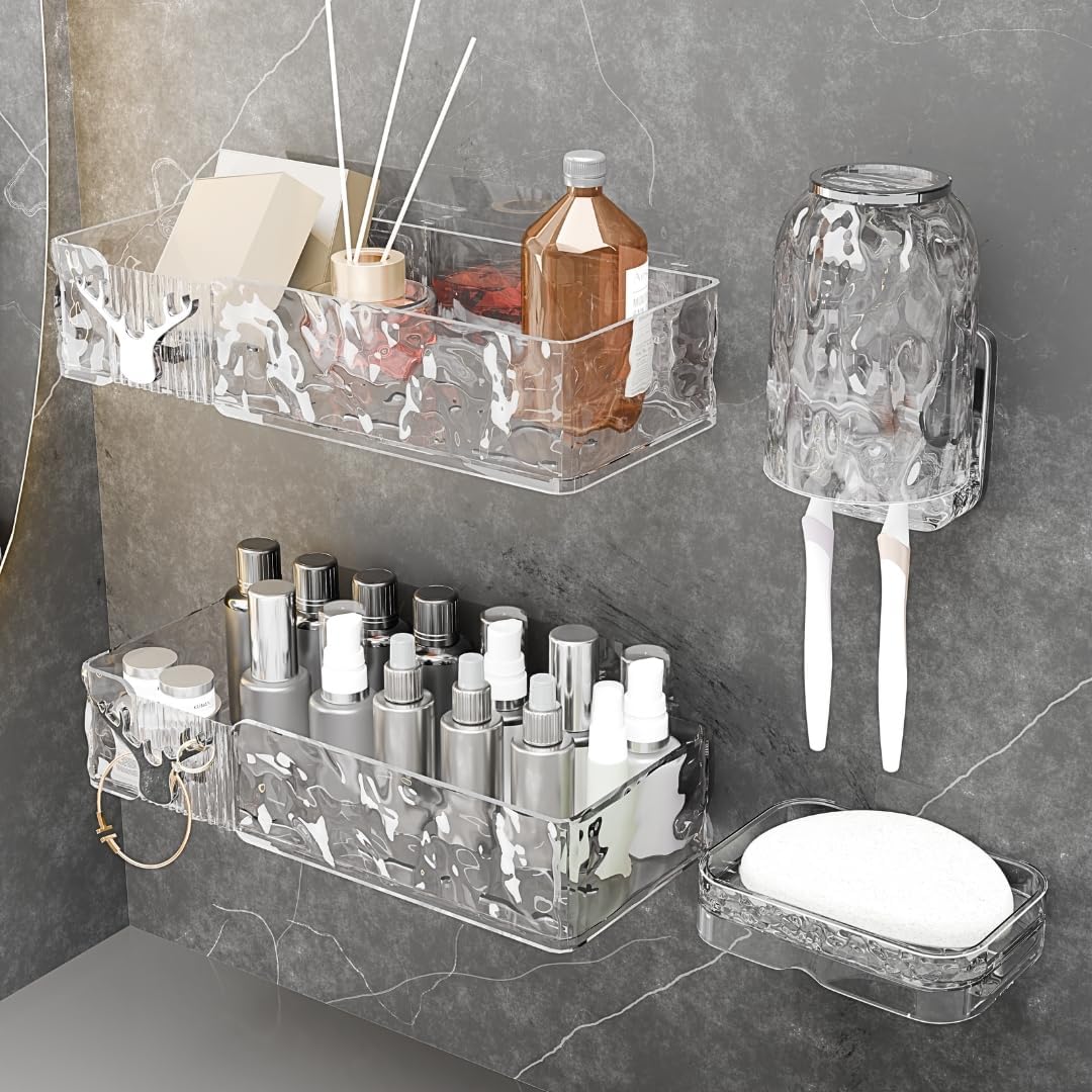 Acrylic Shower Shelves with Soap Dish & Toothbrush Holder, Clear Plastic Shower Caddy, Adhesive Bathroom Organizer Wall Mount, No Drill Installation 4 Pack